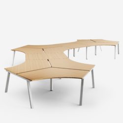 Star desks with connecting elements and metal legs