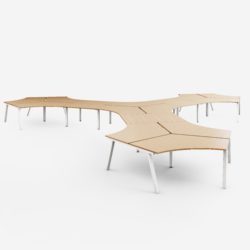 Star desks with connecting elements and metal legs