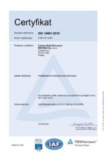 ISO 14001:2015 - Miniaturka Certyfikatu